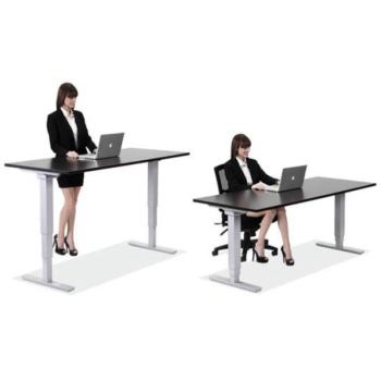 two side-by-side pictures of woman standing and woman sitting at desk